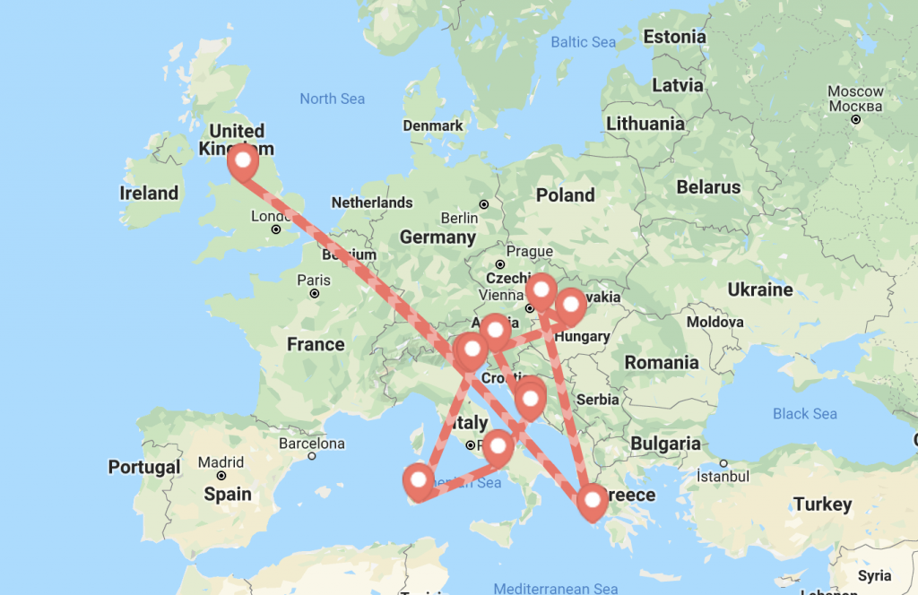 A map of europe with lines pointing out the cheap budget travel routes which were taken.