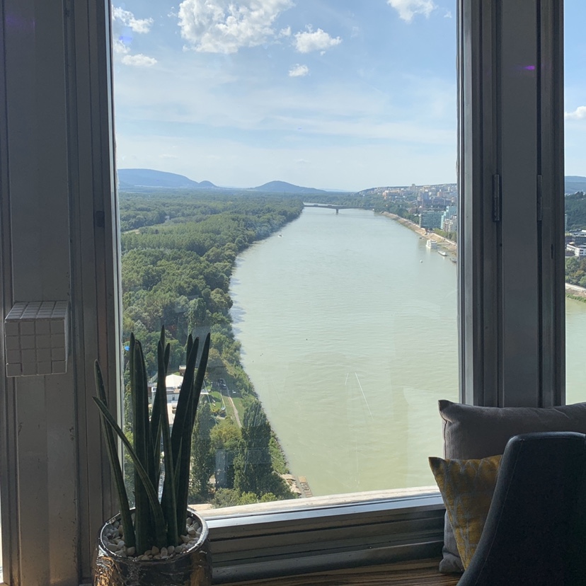 A view of the Danube river from inside a restaurant.