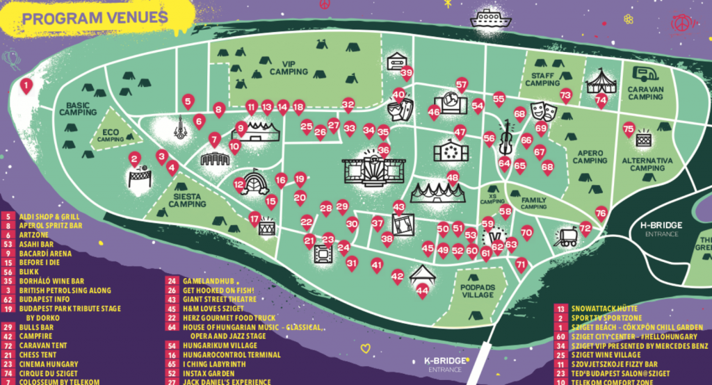 A map of Sziget festival as part of the Sziget budapest guide.