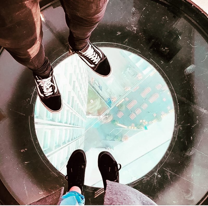 See-through glass floor at the top of a tower