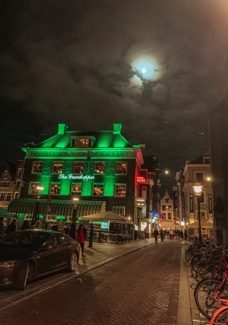 Moonlight on the Grasshopper pub in Amsterdam, Netherlands.
