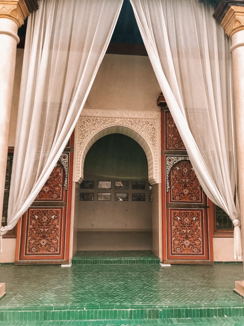 Entrance for Le Jardin Secret with patterns and a curtain as part of the Morocco travel guide