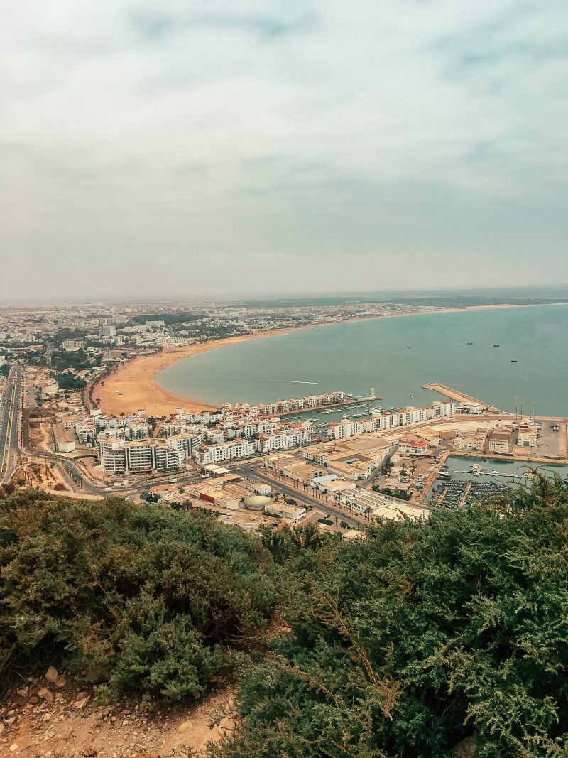 Aerial view of the beach and seafront of Agadir. Morocco travel guide.