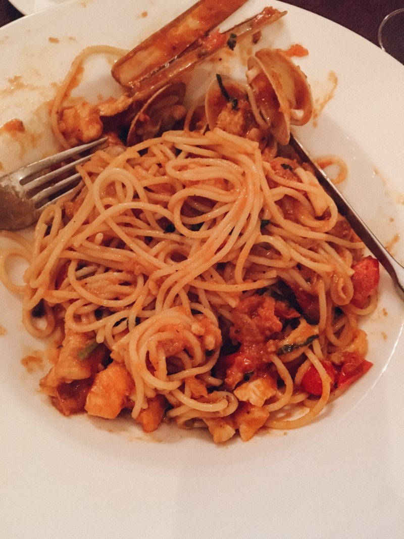 A spaghetti and seafood pasta. Morocco travel guide