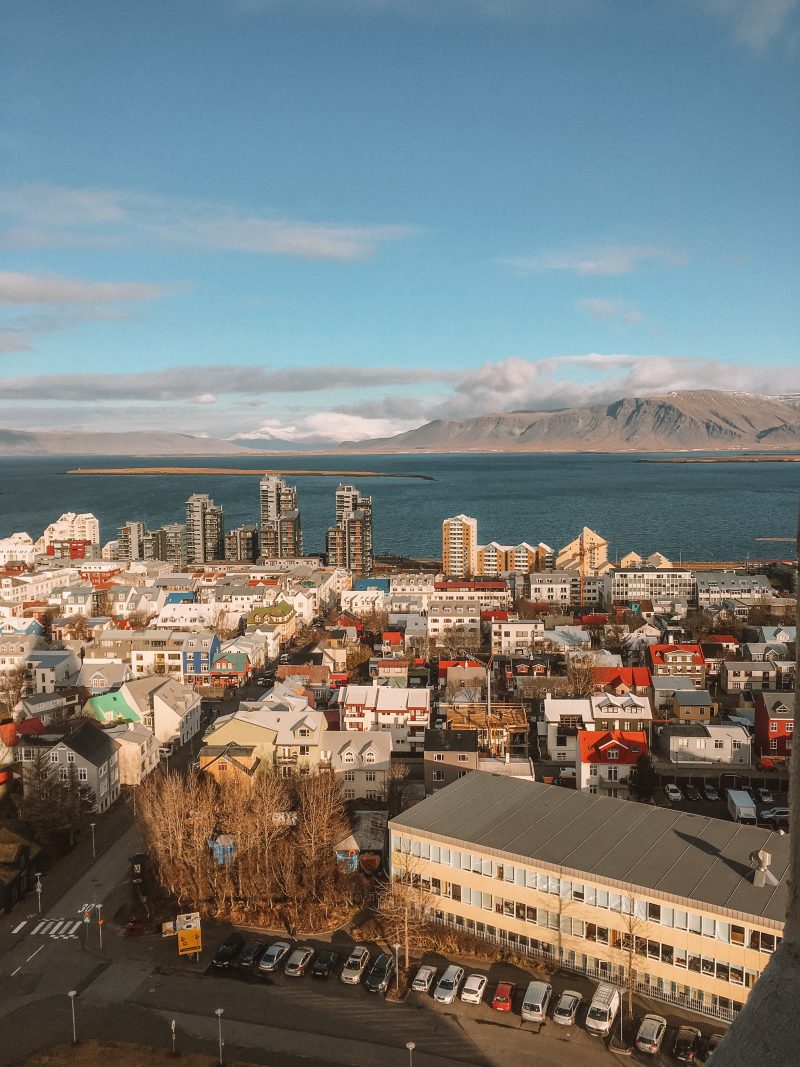 View from Hallgrimskirkja in Reykjavik with no snow. What to do in Iceland.