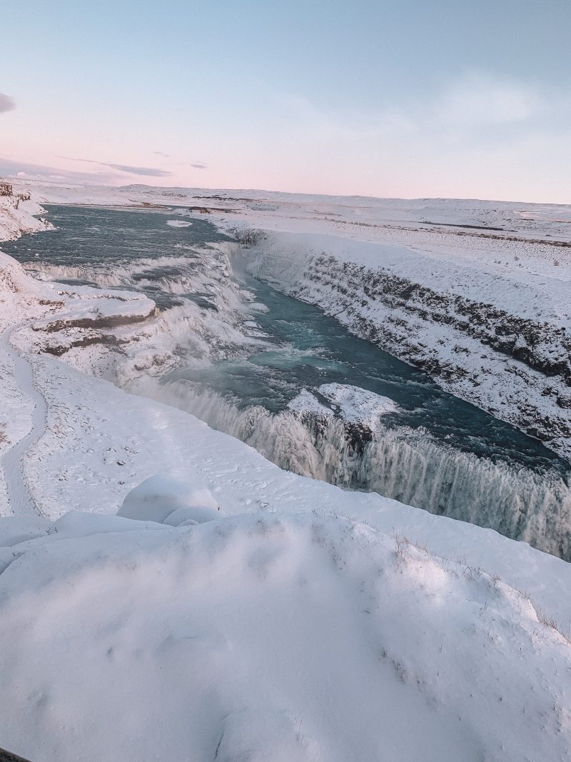 A snowy Gullfoss waterfall. Things to do in Iceland