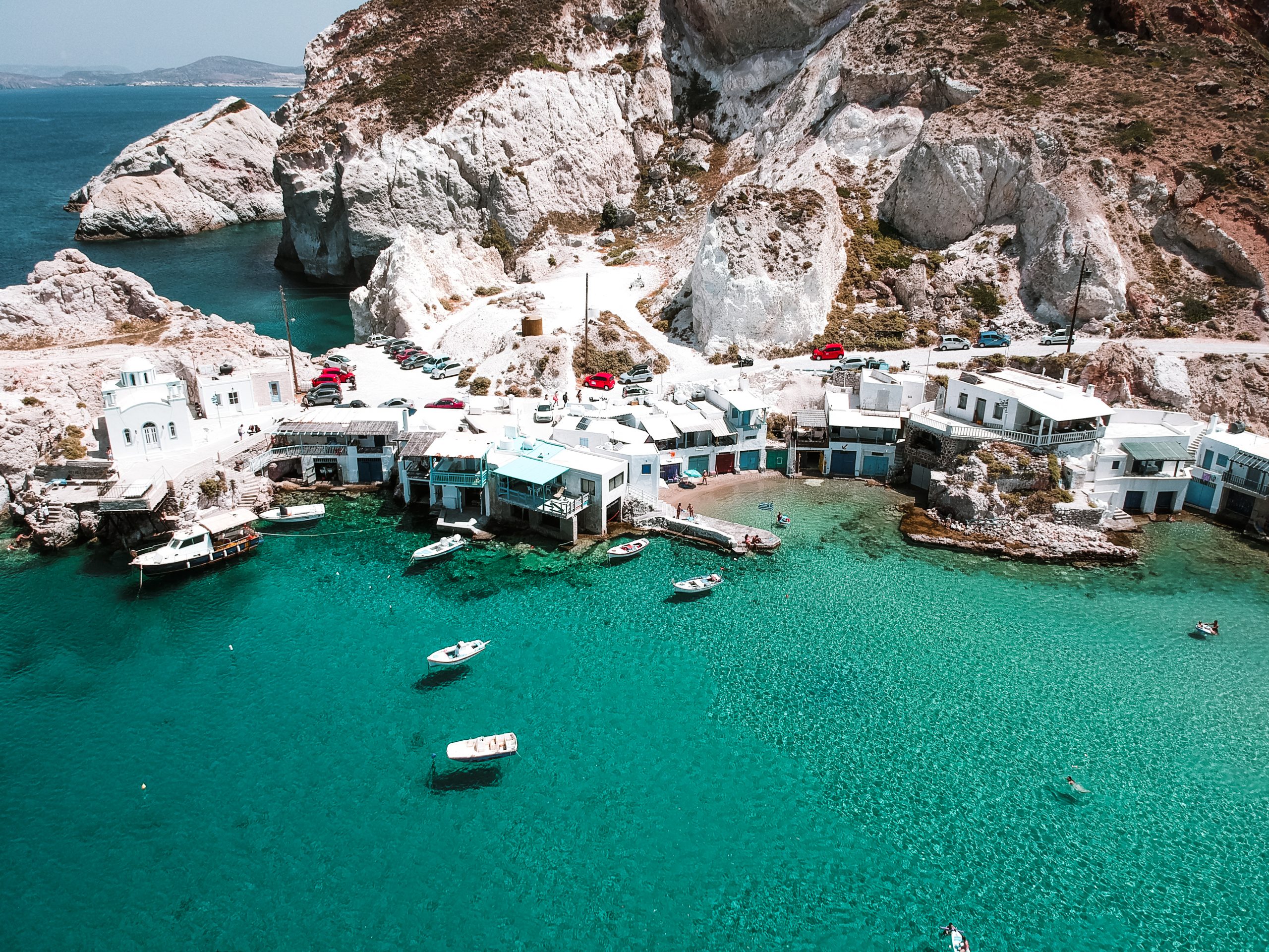 Firopotamos side view of the colourful fishing village. Best beaches in Milos