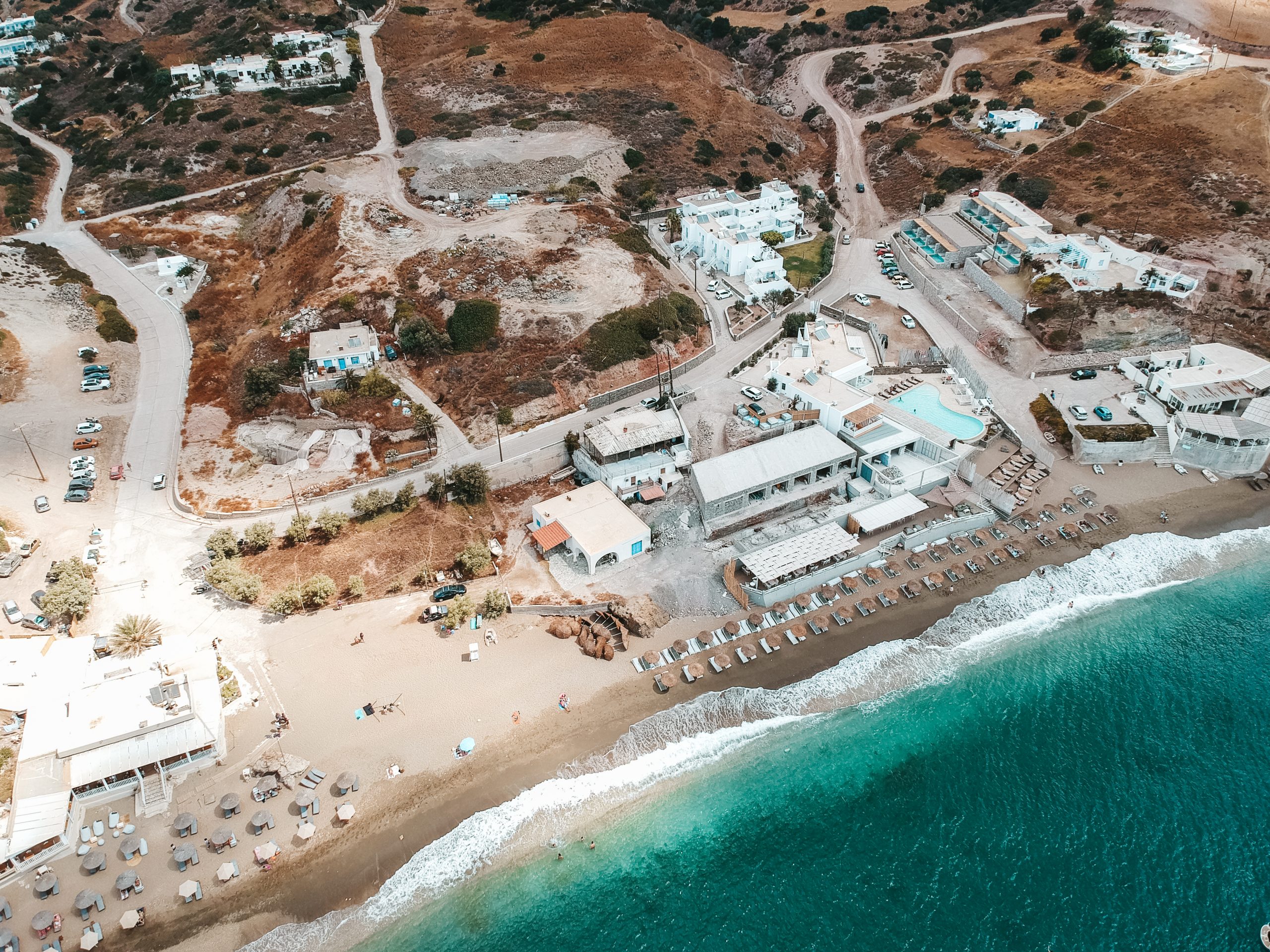 An aerial view of Paleochori beach. Best beaches in Milos