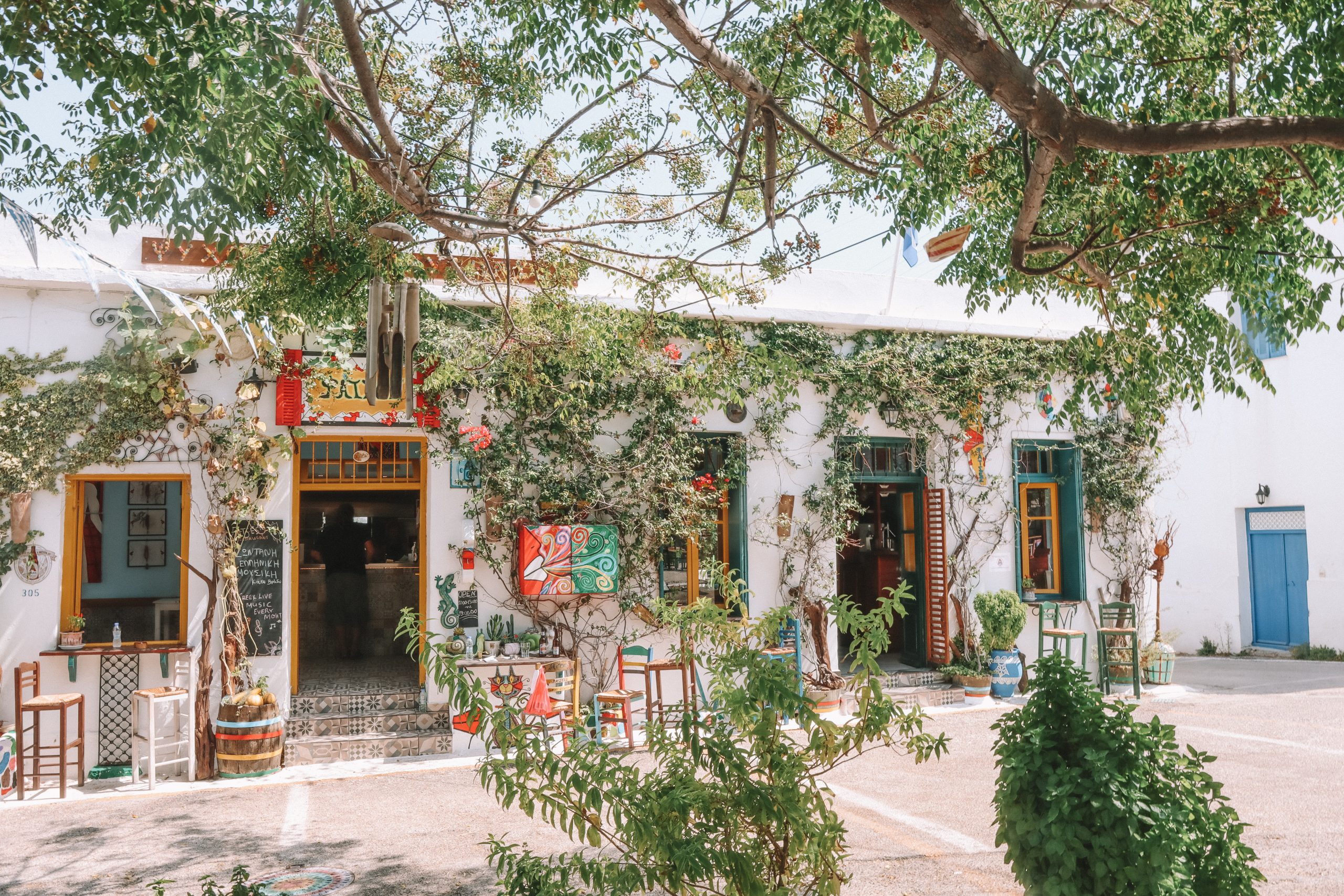 A cafe with greenery and flowers surrounding it in Milos