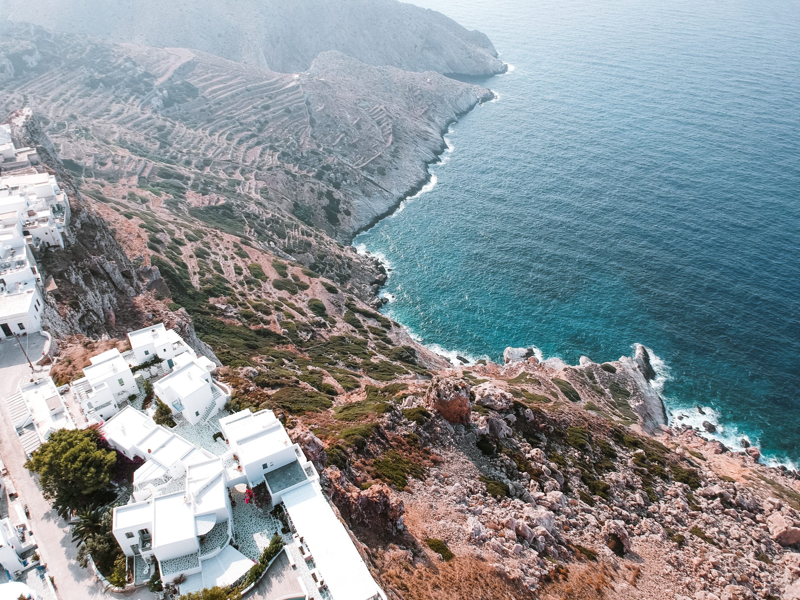 Folegandros Chora aerial view. Where to stay in Folegandros