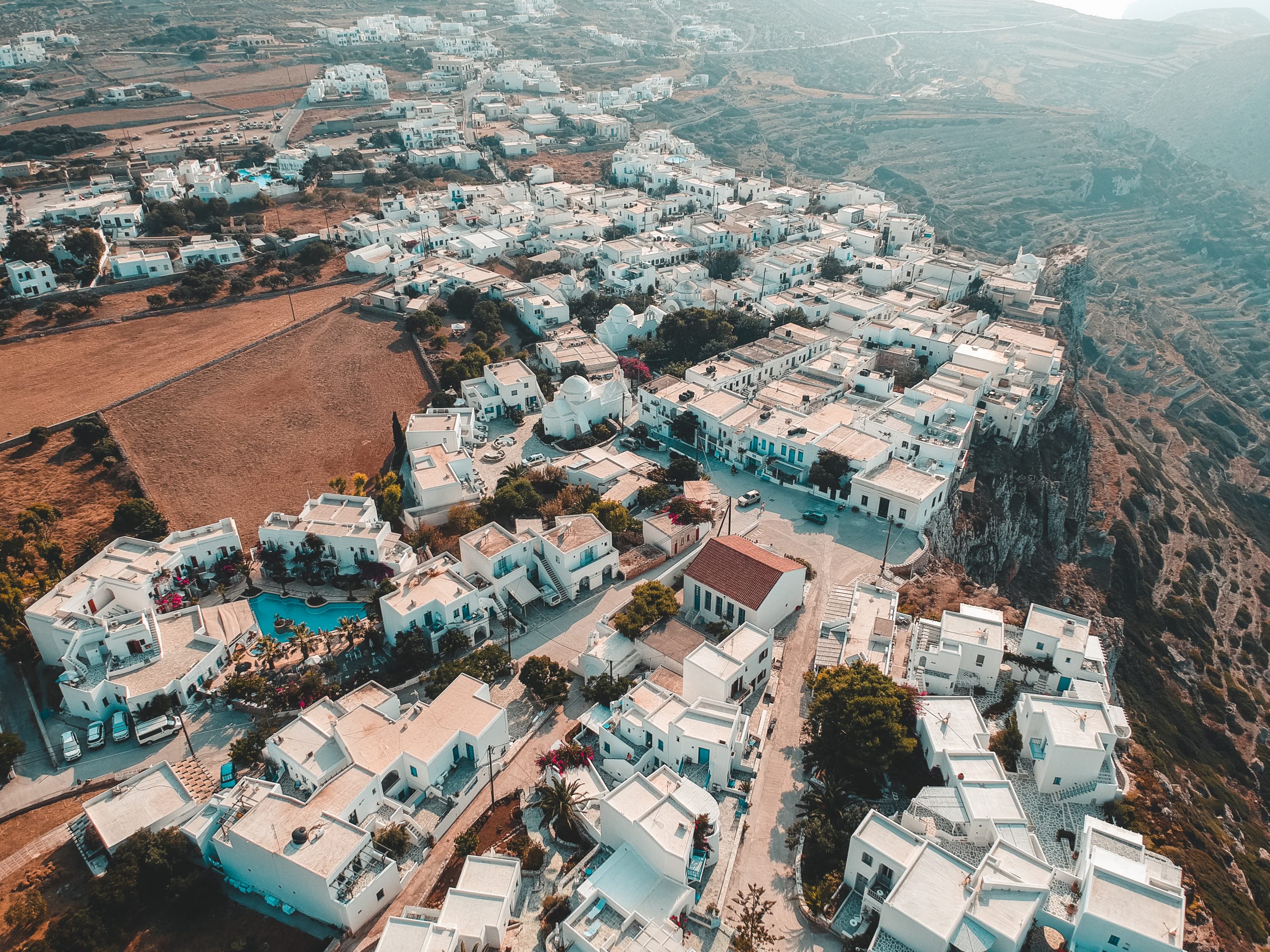 Folegandros Chora aerial view. Where to stay in Folegandros