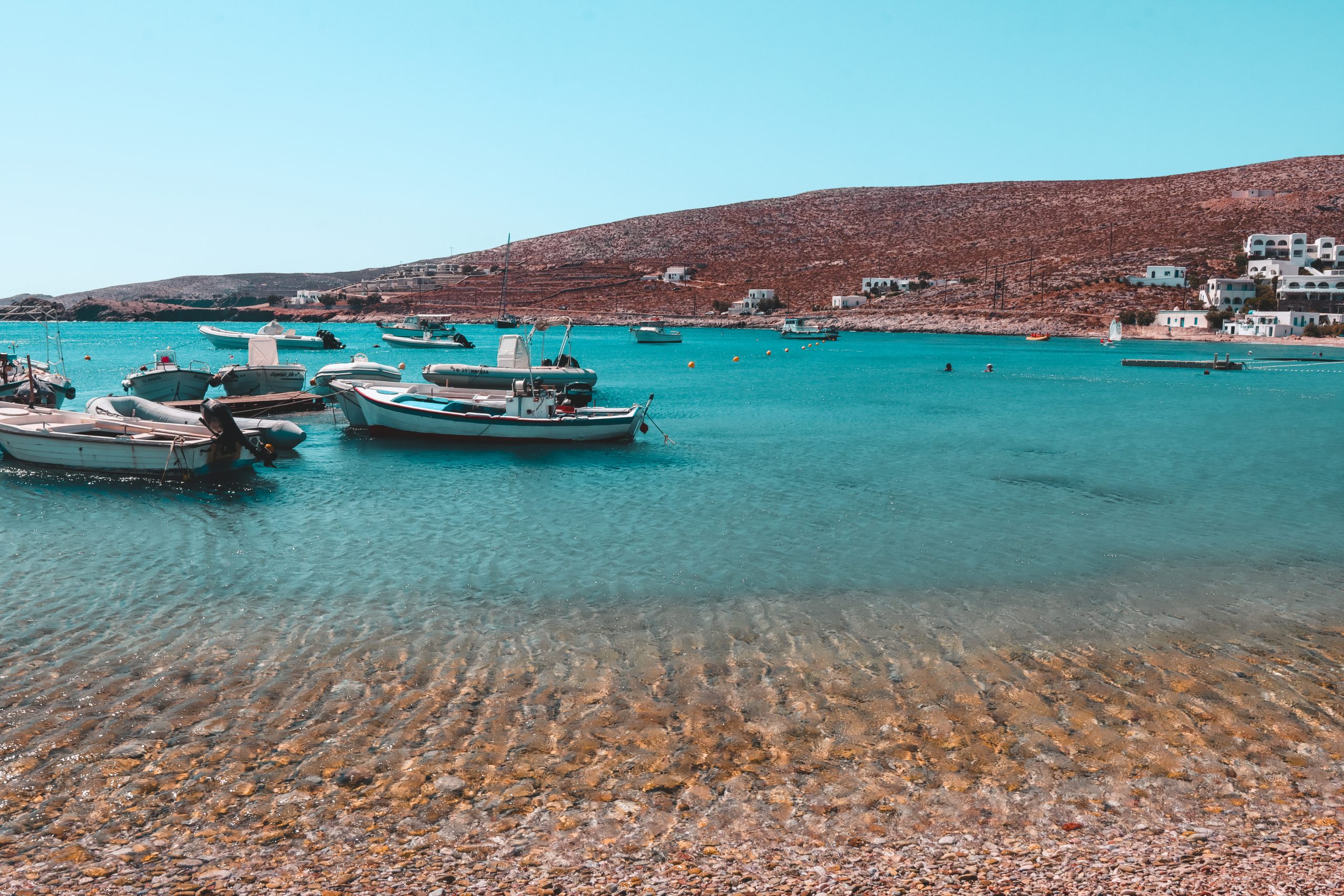 Turquoise ocean and boats. Where to go in Folegandros