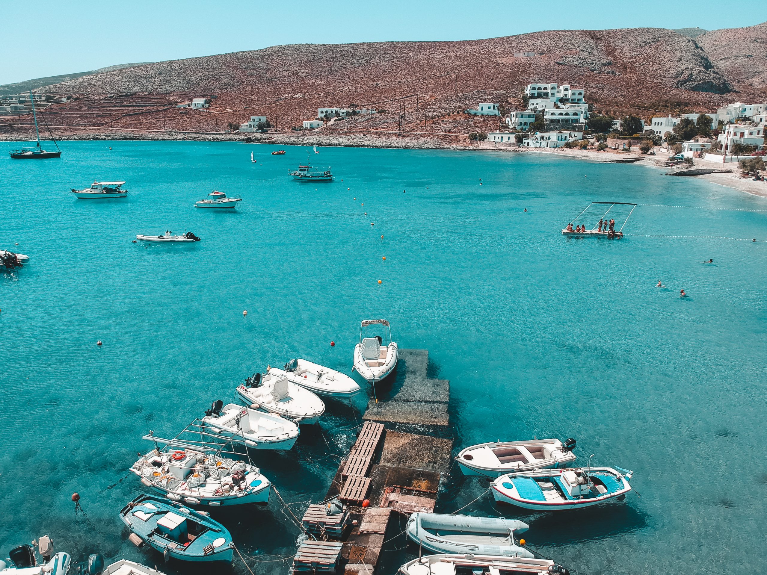 An aerial view of the boats and ocean in Folegandros