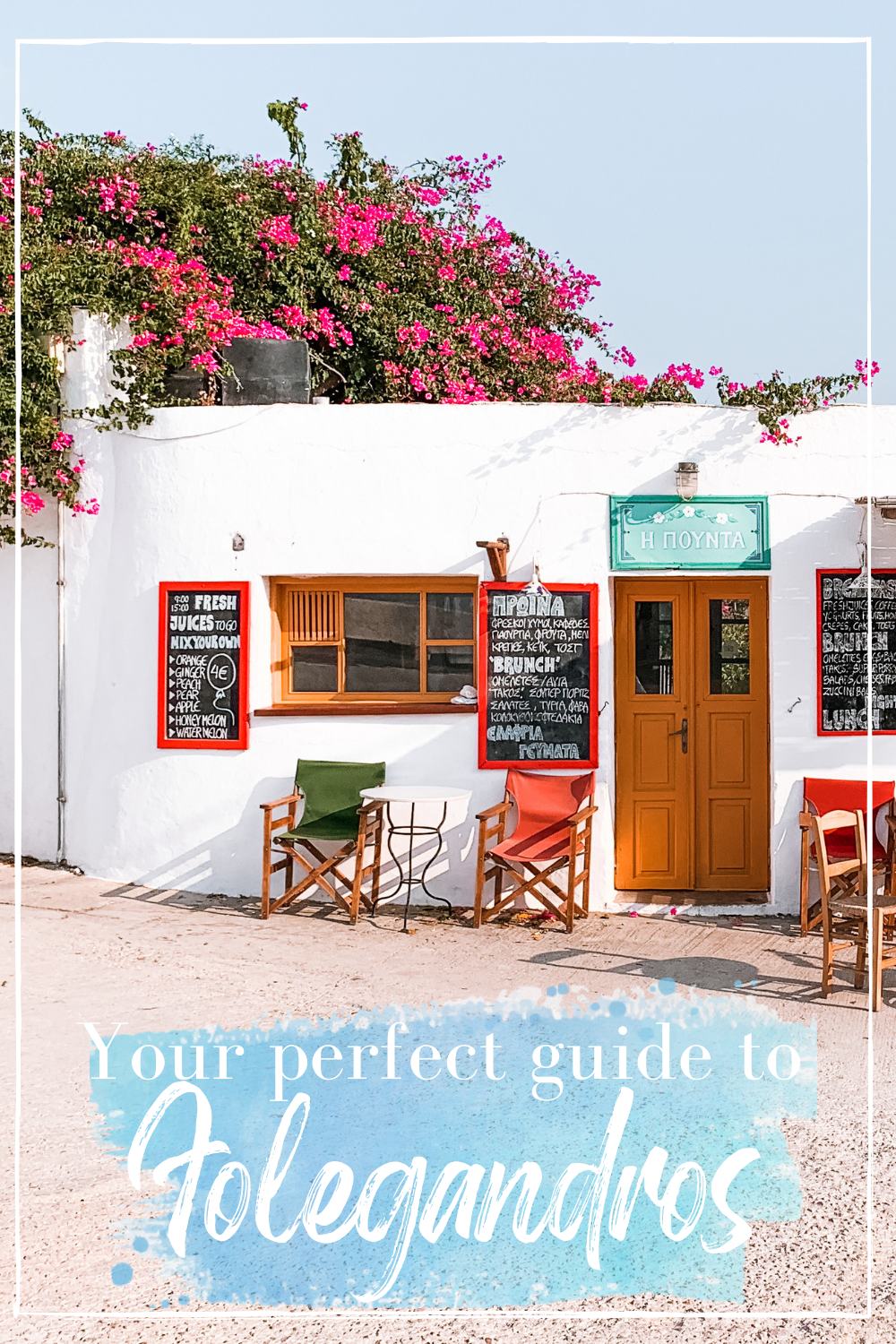A white Folegandros cafe with blossoming plants around it. Things to do in Folegandros