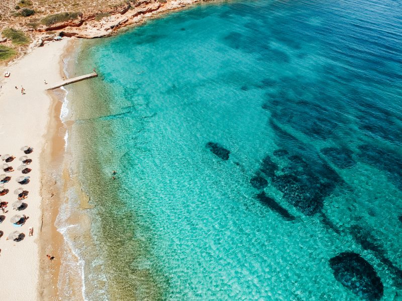 Agia Theodoti beach from the drone. Turquoise ocean with parasols. Ios travel blog