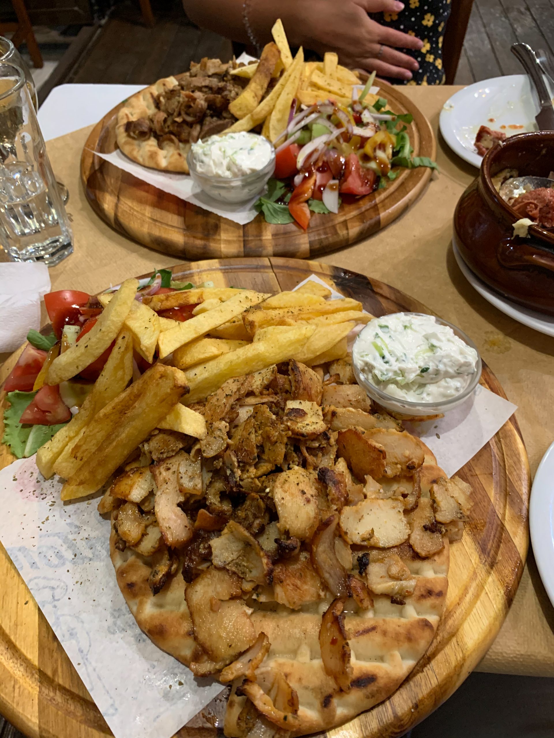 A platter of Souvlaki and chips in the Mills restaurant in Ios. Where to eat in Ios