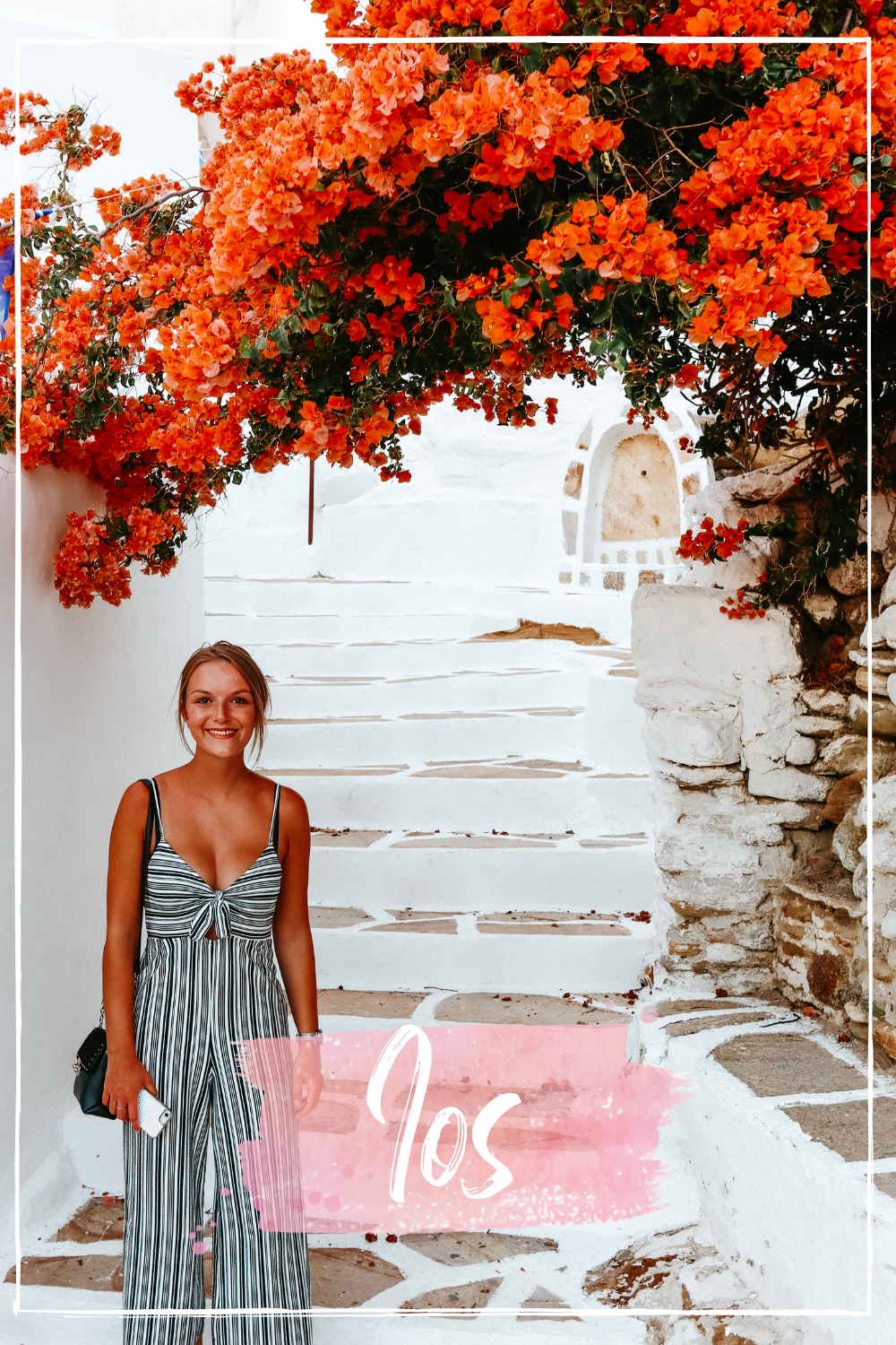 A woman stood in the Chora streets in Ios with flowers in the background. Things to do in Ios. Pinterest link