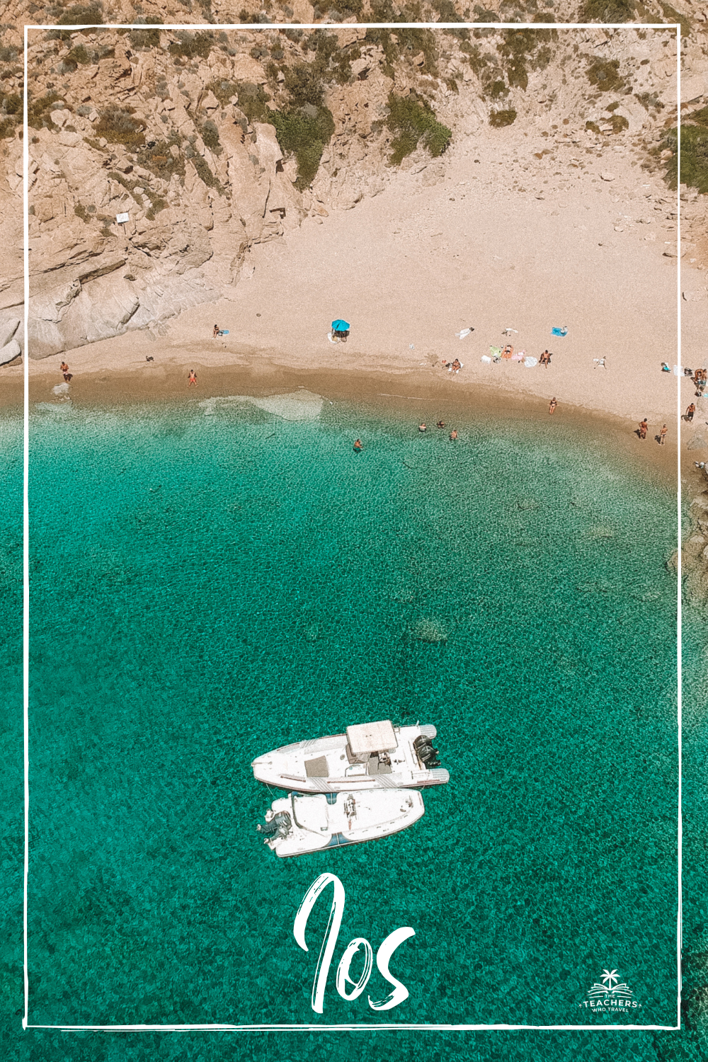 Tripiti beach from the drone. Sandy beach with turquoise water. Things to do in Ios. Pinterest link