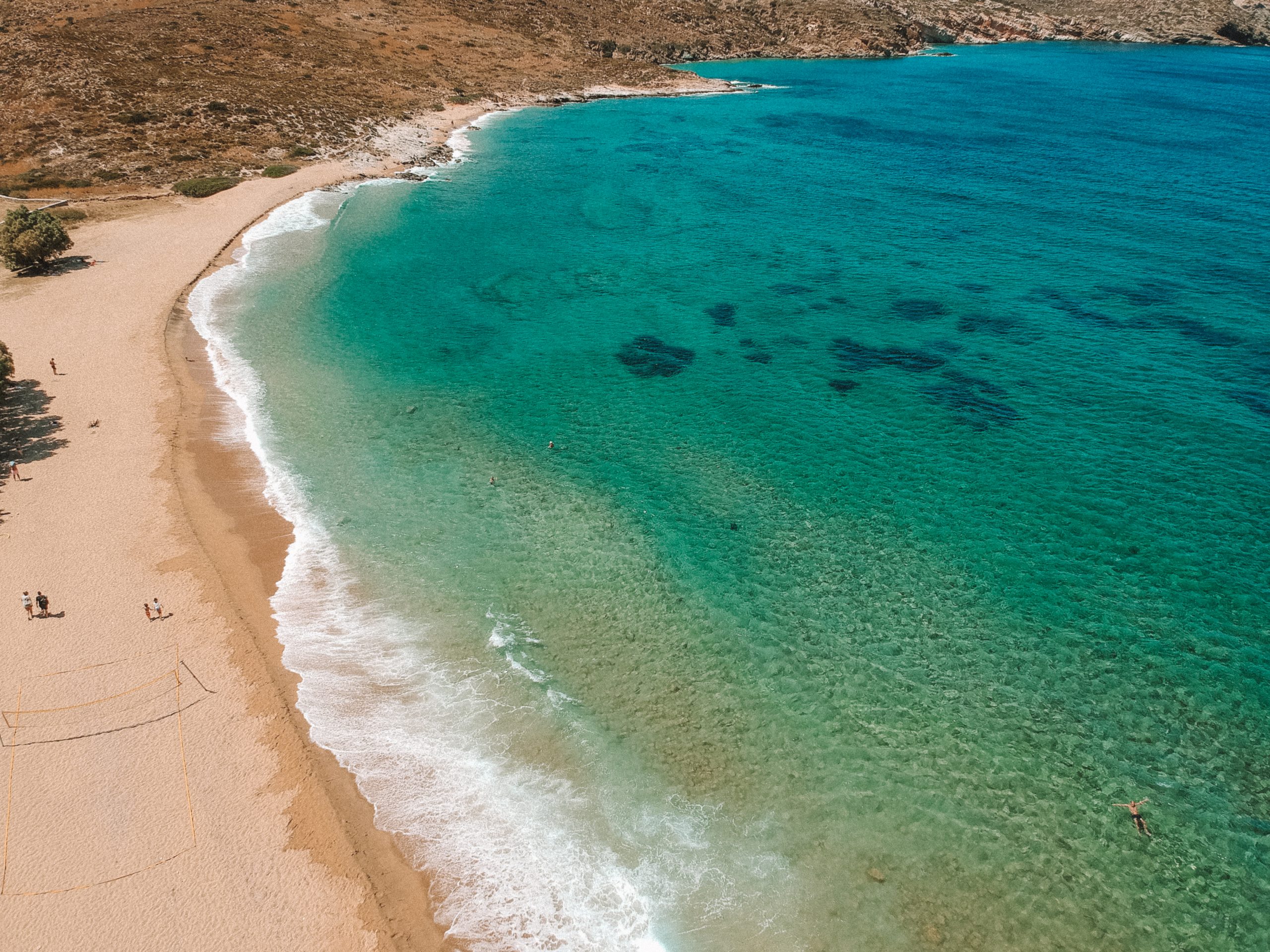 Psathi beach from the drone. Turquoise, crystal clear water. Ios travel blog