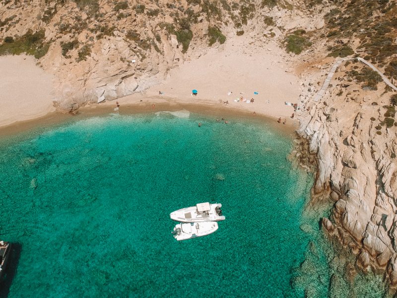 Tripiti beach from the drone. Sandy beach with turquoise water. Things to do in Ios