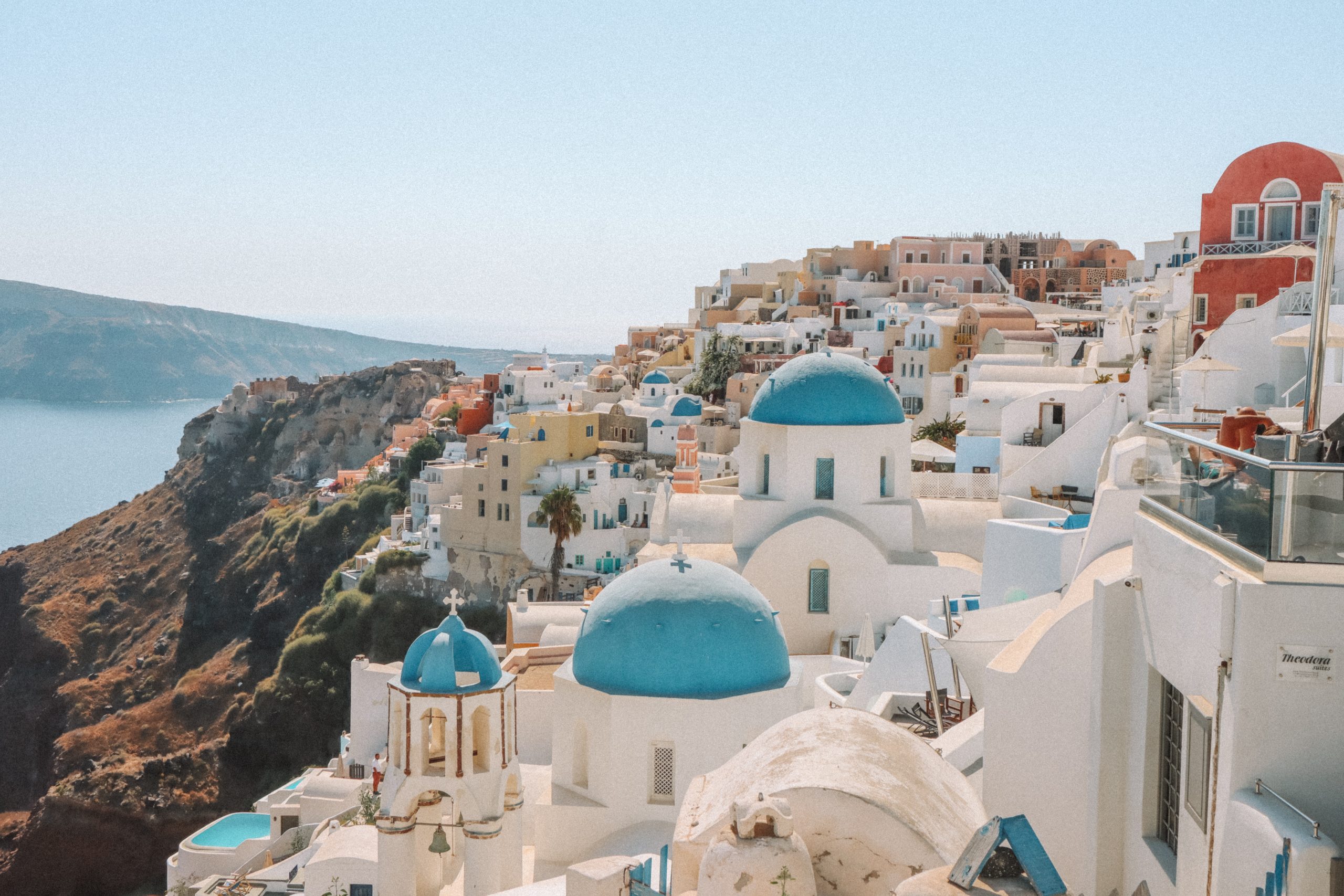 A view of blue domed churches in Oia