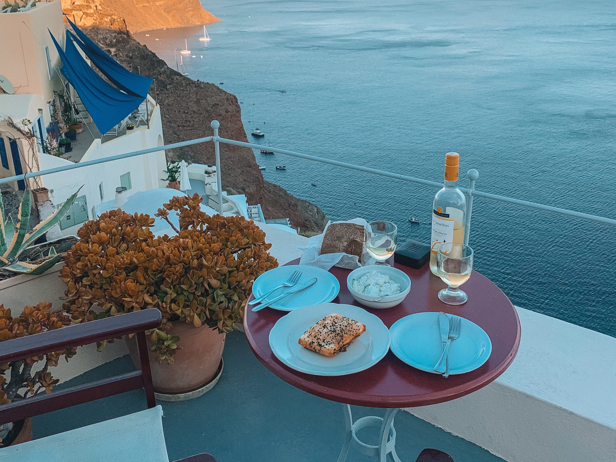 Fried saganaki and wine on the balcony