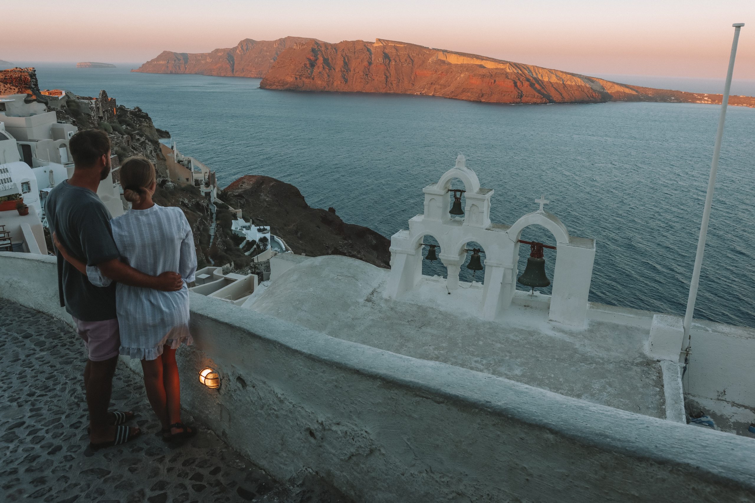 Santorini church bells with a view of nearby islands