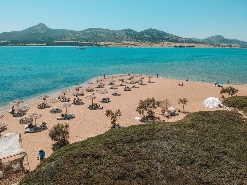 Agios Georgios beach with turquoise water and deckchairs in Antiparos. Antiparos travel blog