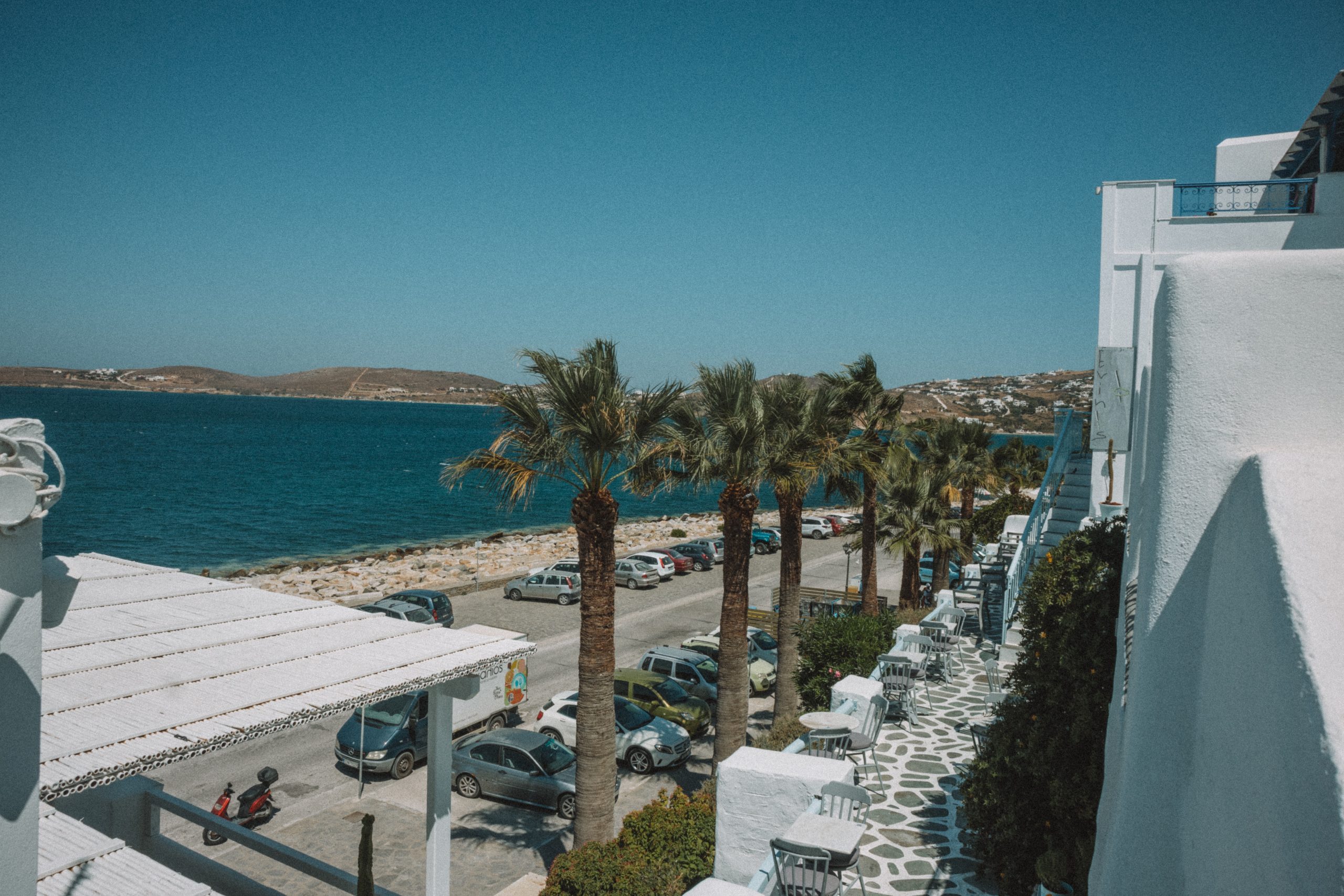 Palm trees along a beach front in Parakia. Things to do in Paros