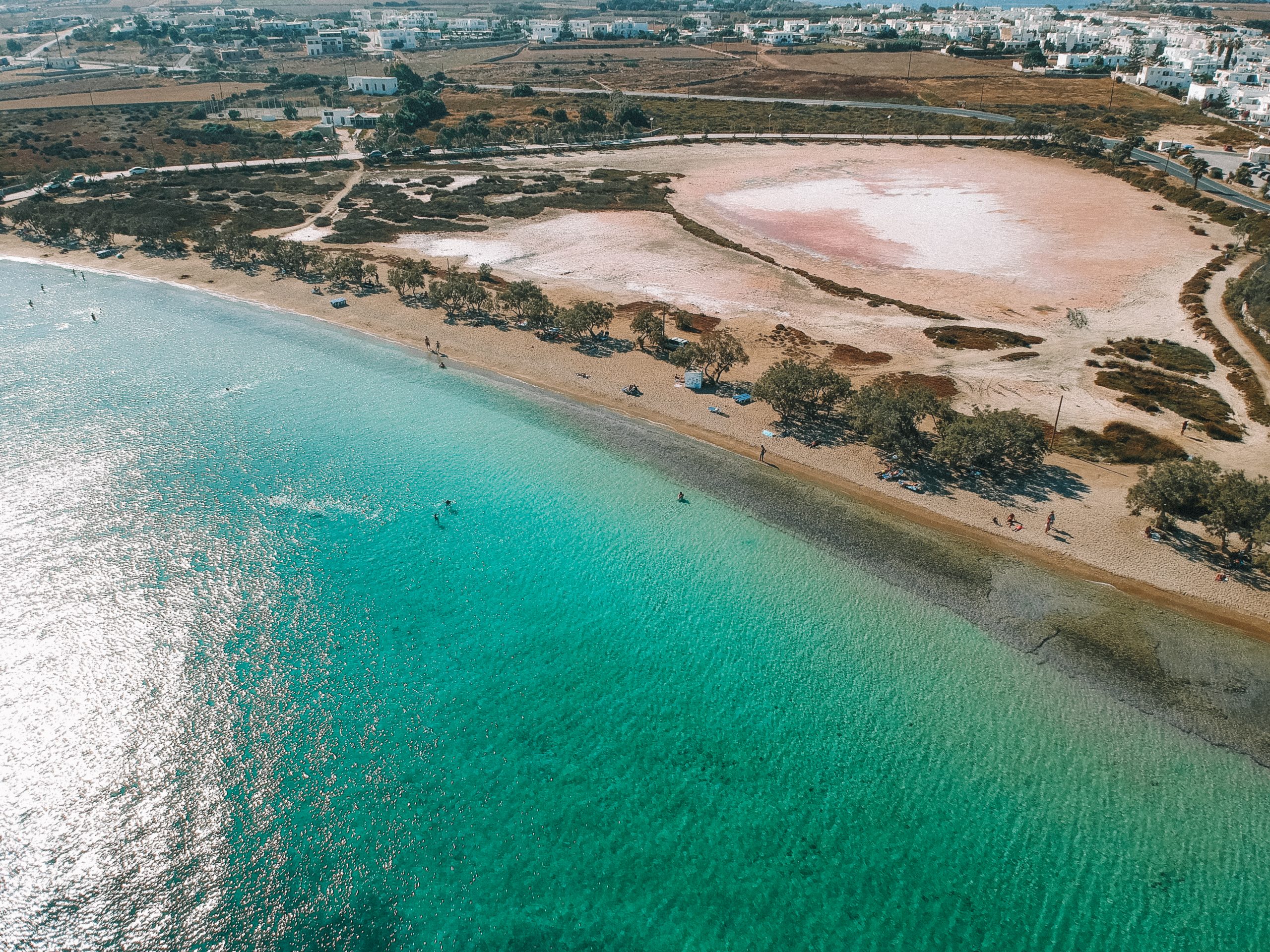 An aerial view of Psaralyki beach in Antiparos. Best beaches in Antiparos