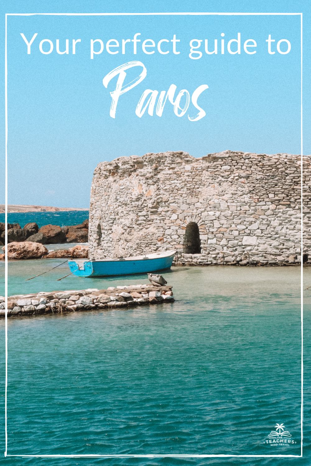 A boat on turquoise water next to a castle. Things to do in Paros